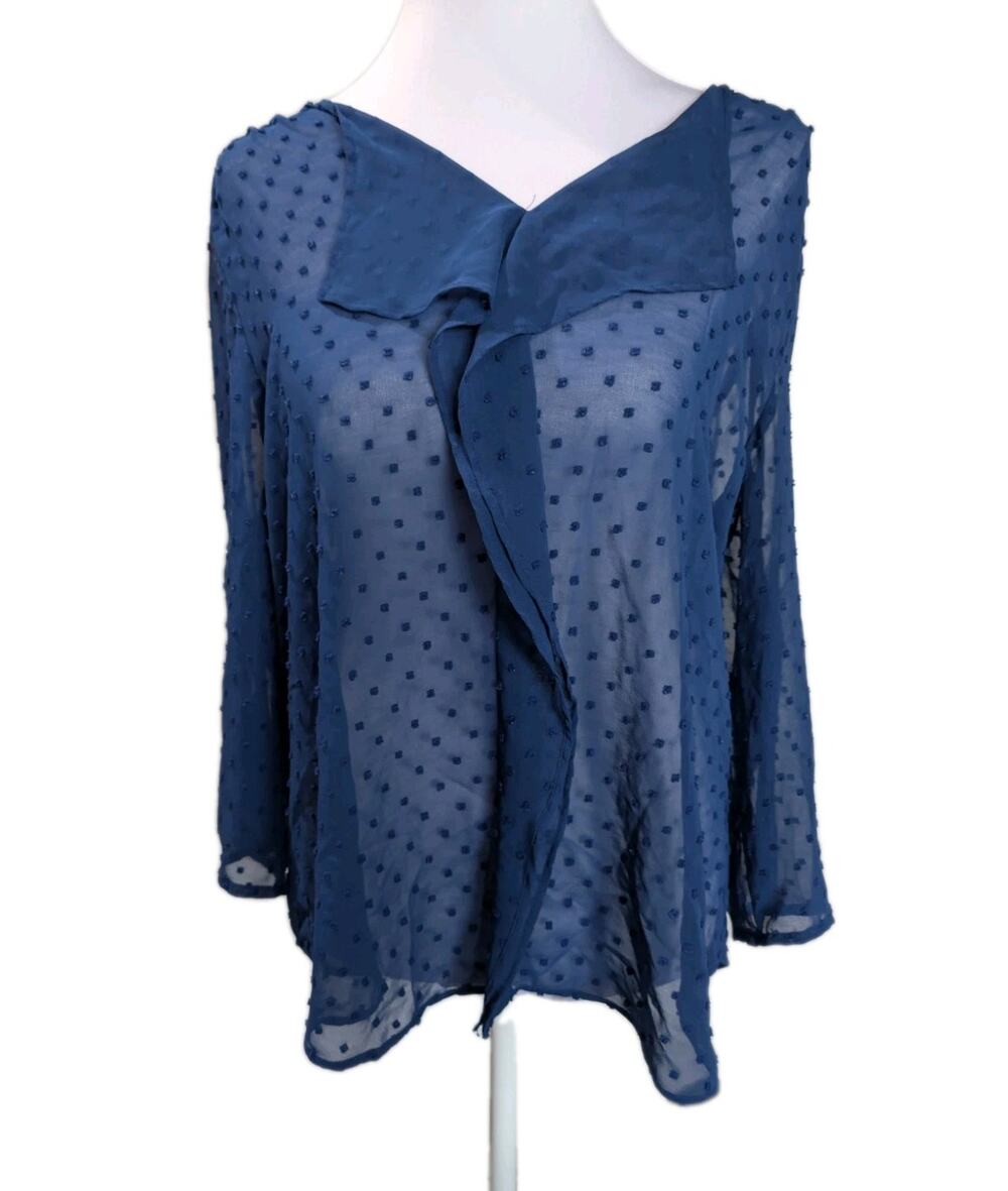 Ann Taylor Women's Size Medium Swiss Dot Semi Sheer Blouse Ruffle Blue Vneck EUC